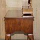 Vintage English walnut burr dressing table with mirror and chair.