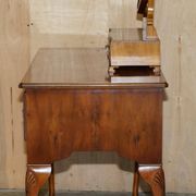 Vintage English walnut burr dressing table with mirror and chair.