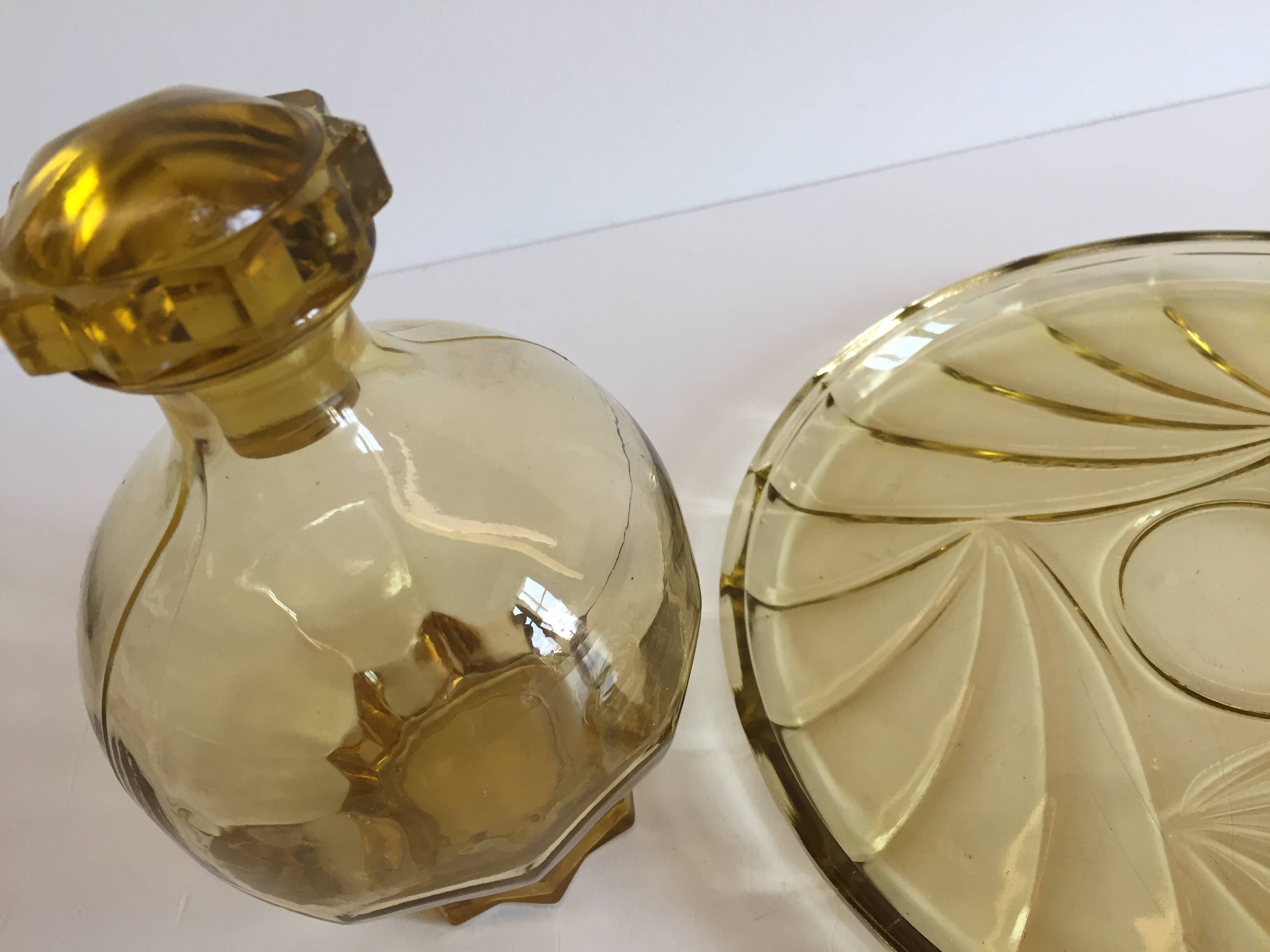 ART DECO Tray and Carafe Amber Yellow Glass