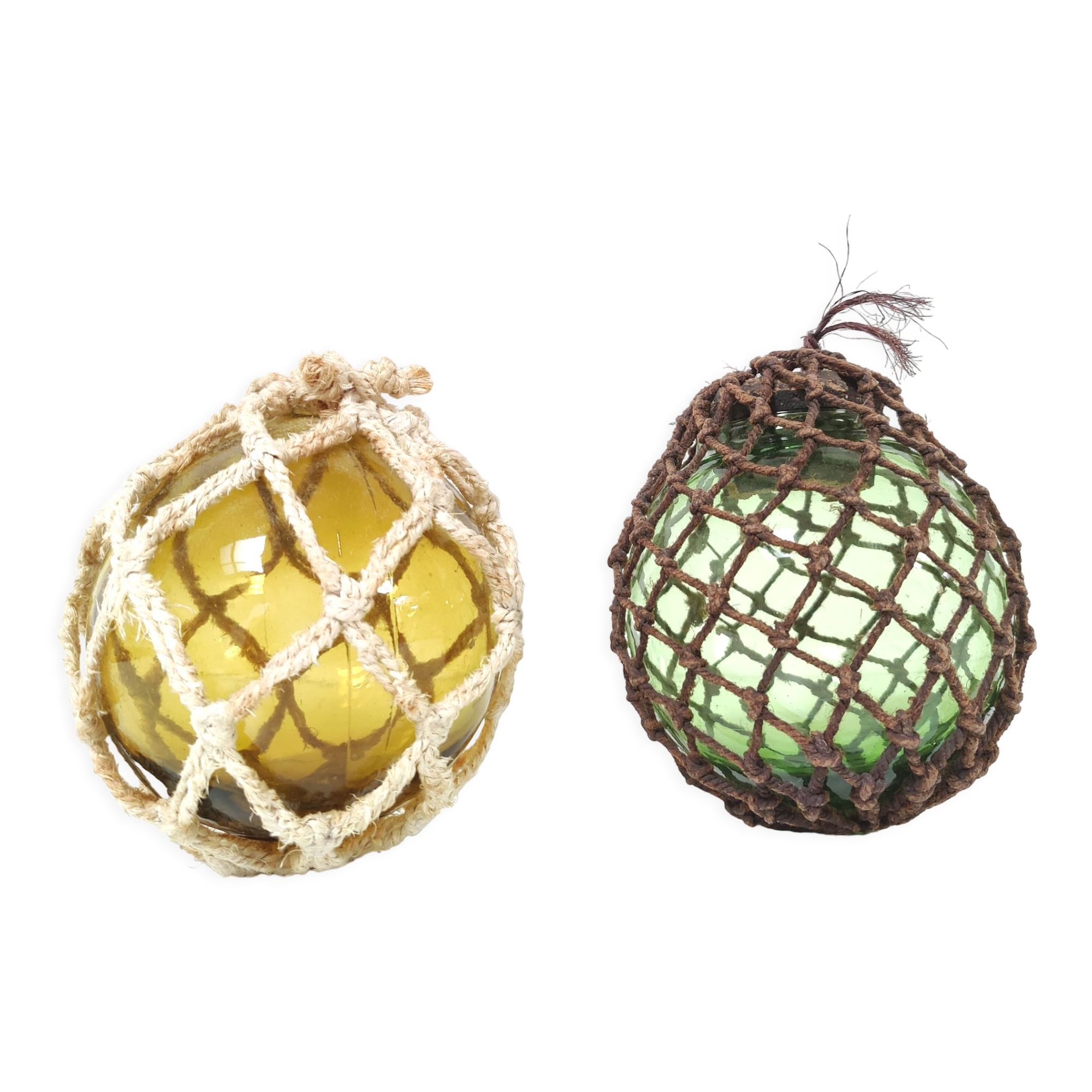 Set of 2 marine floats yellow and green ball glass and rope