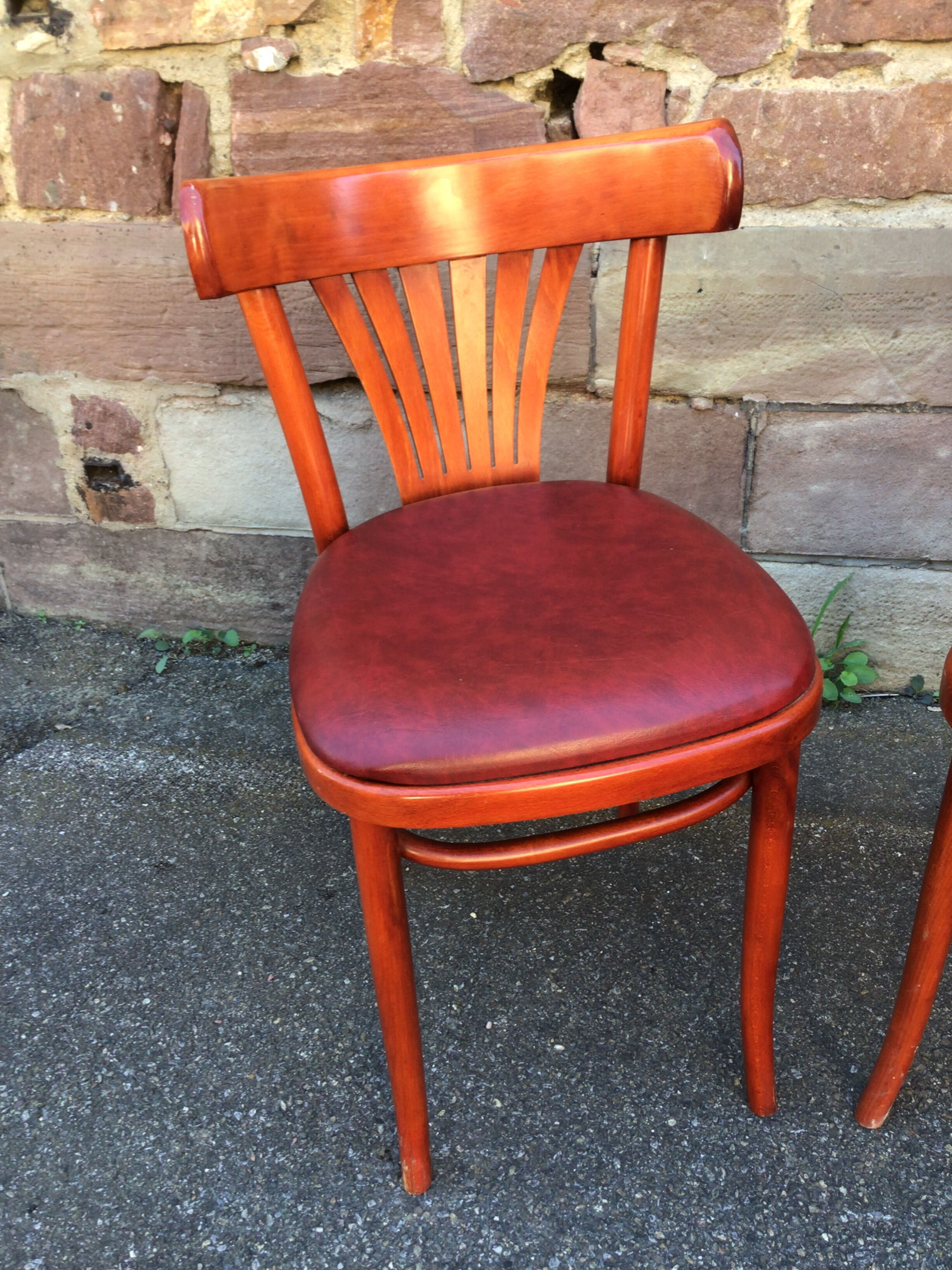 Pair of restaurant chairs curved wood imitation vintage leather 1970s