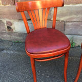 Pair of restaurant chairs curved wood imitation vintage leather 1970s