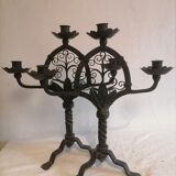 Pair of wrought iron candelabras. Mid-twentieth century.