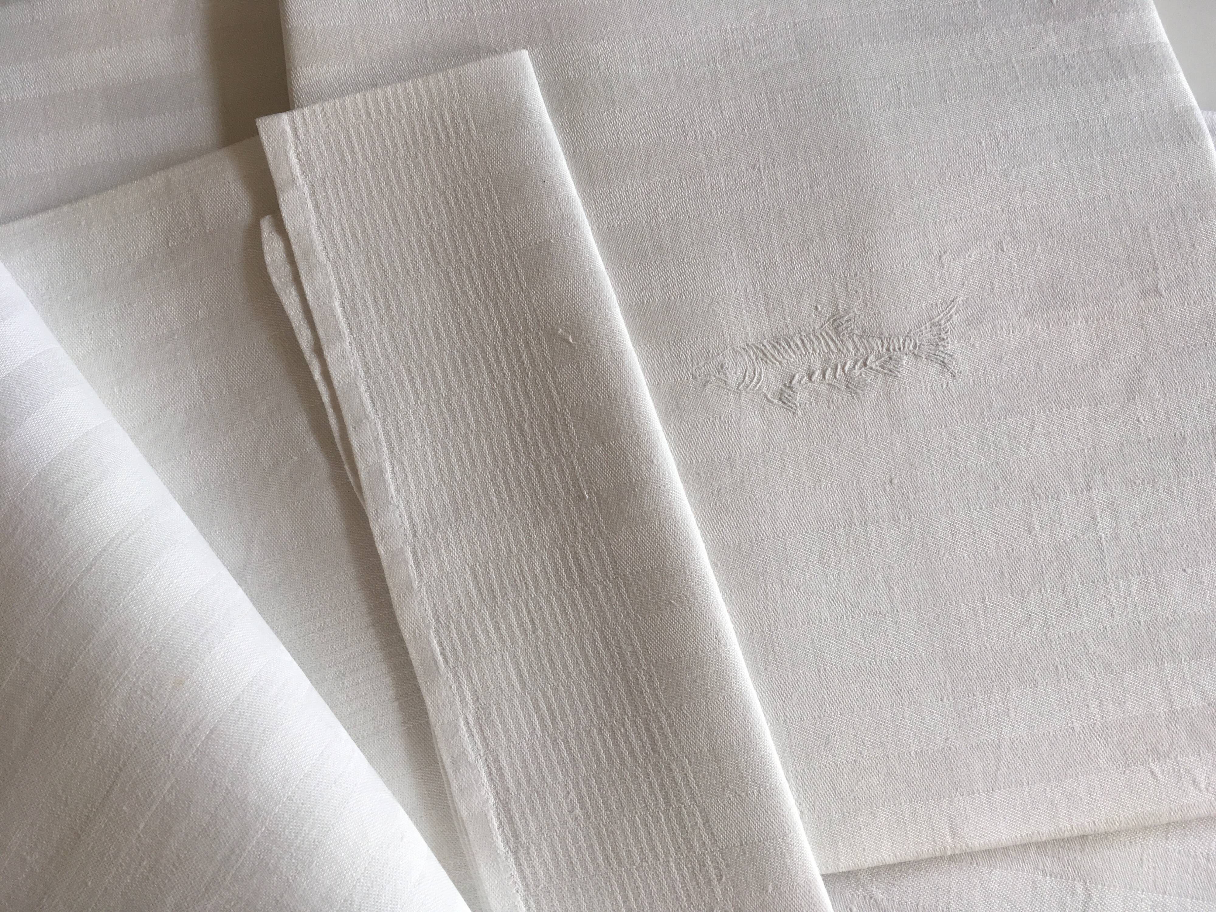 set of 6 19th damask linen napkins embroidered to a fish