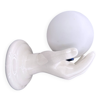 Vintage ceramic wall light - hand holding an opaline globe, 1970s