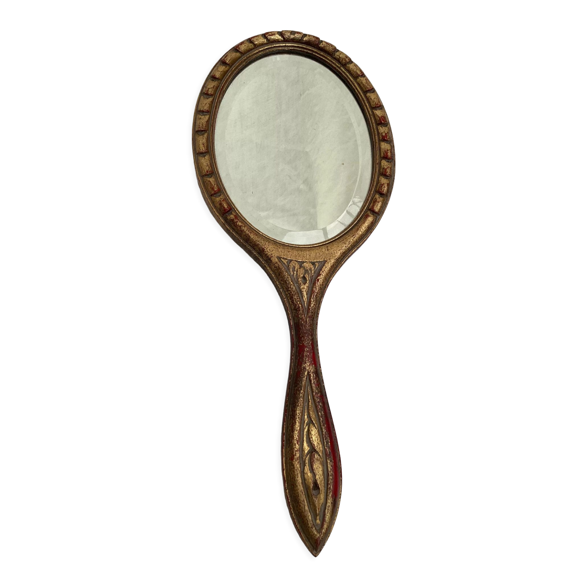 Hand-facing beveled mirror surrounded by wood dimension: height -38cm- width -15.5cm-