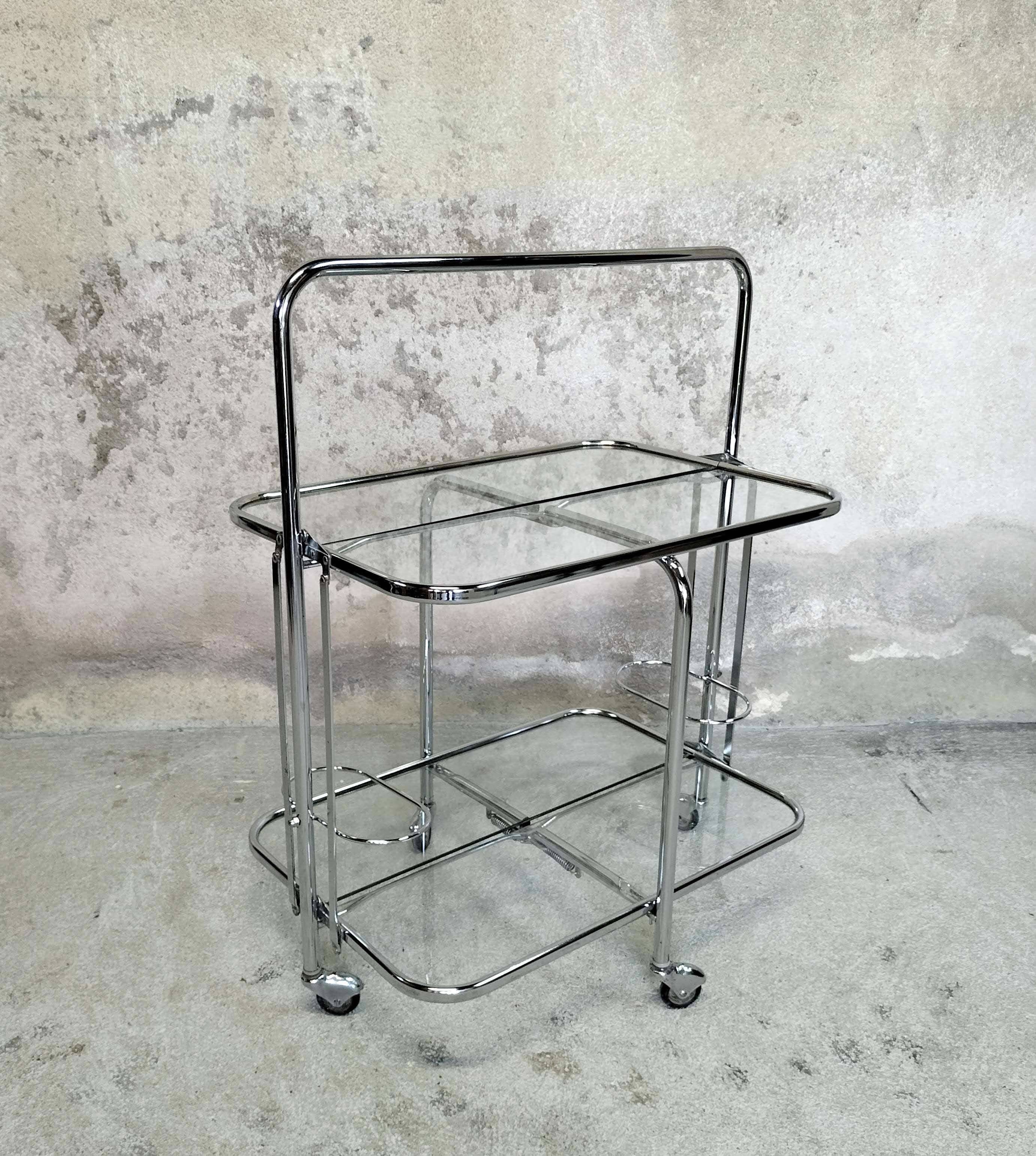Desserte pliante chrome et verre années 70