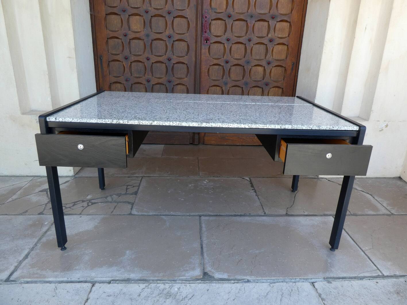 large metal, wood & granite desk, 1980