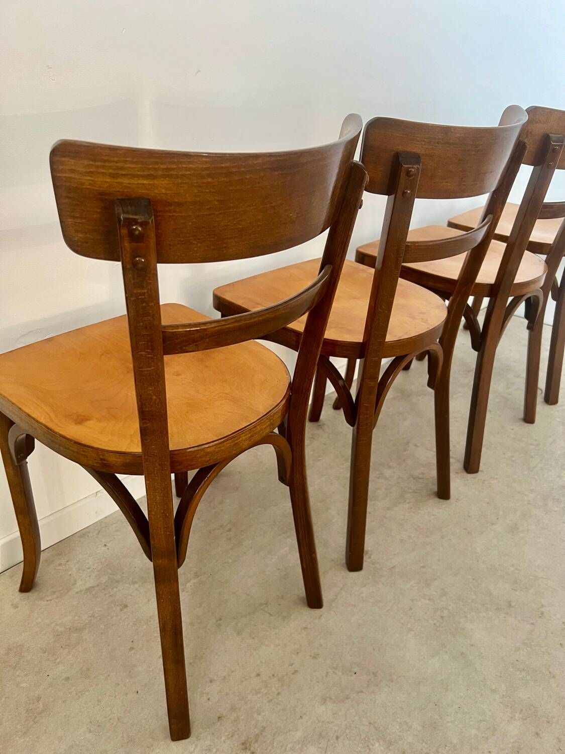 Set of 4 old vintage Baumann 50s wooden bistro chairs