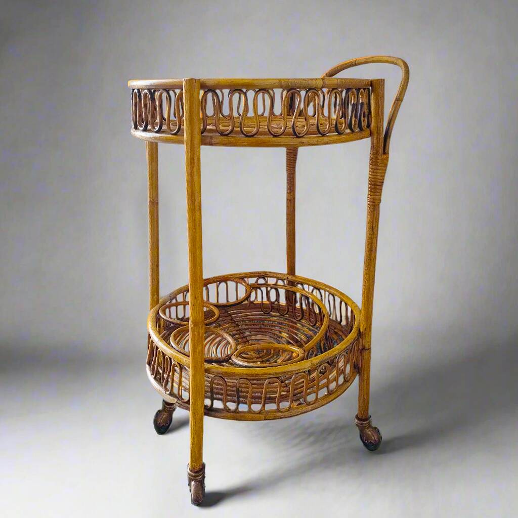 1960s Bamboo & Rattan Serving Bar Cart Trolley by Franco Albini. Made in Italy