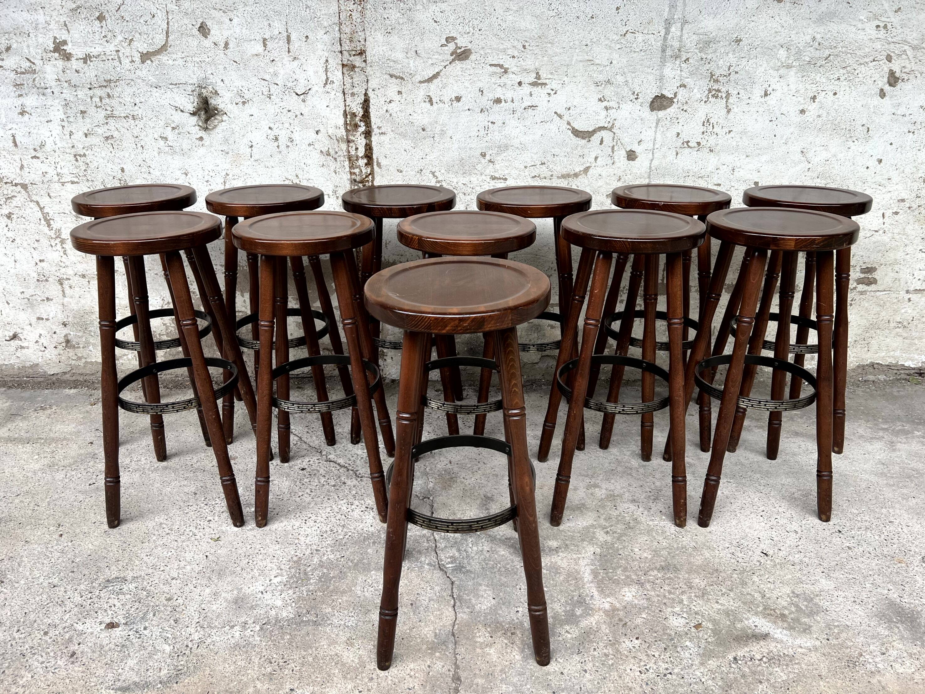 Set of 12 solid wood bar stools 1960 - 1970 vintage