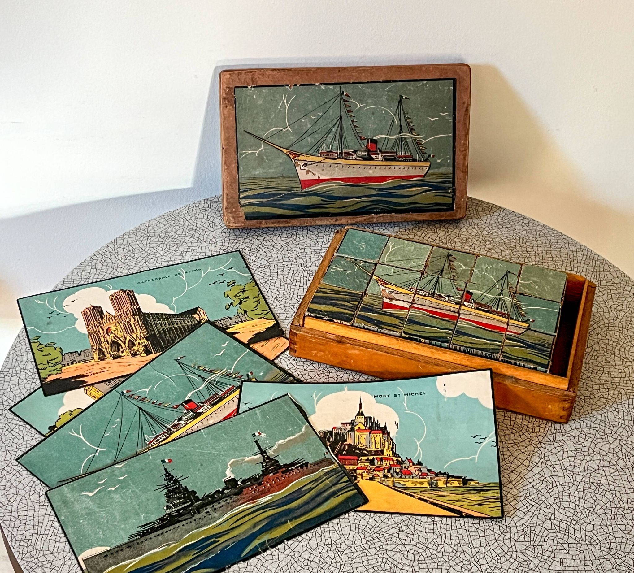 Wooden cube game in original box, antique game, early 20th century