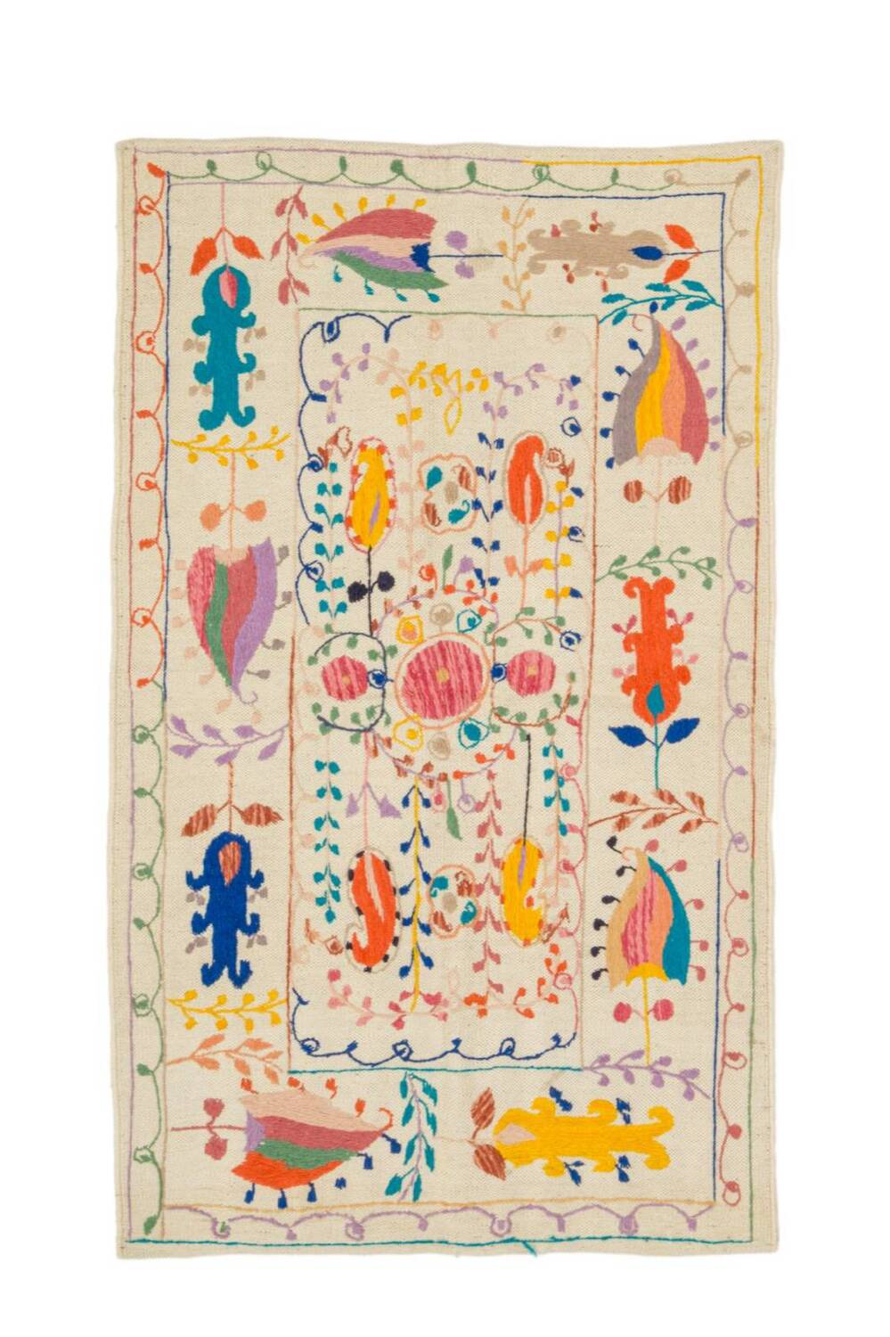 White suzani kilim rug with embroidered colorful patterns