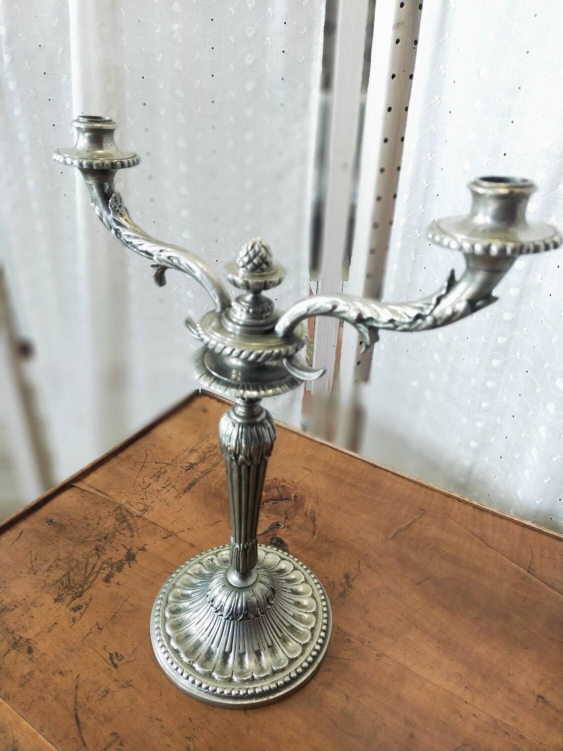 Double-branched candlestick, Louis XVI, in silver-plated metal