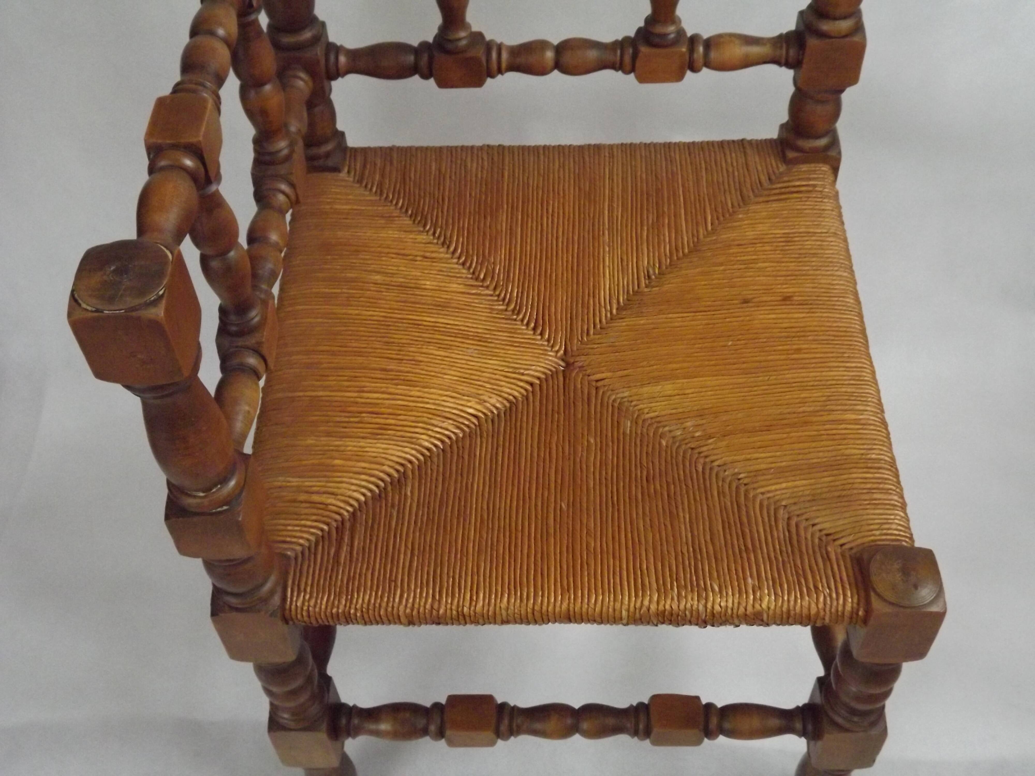 Antique French Turned Wooden Bobbin Chair with Rush Seat