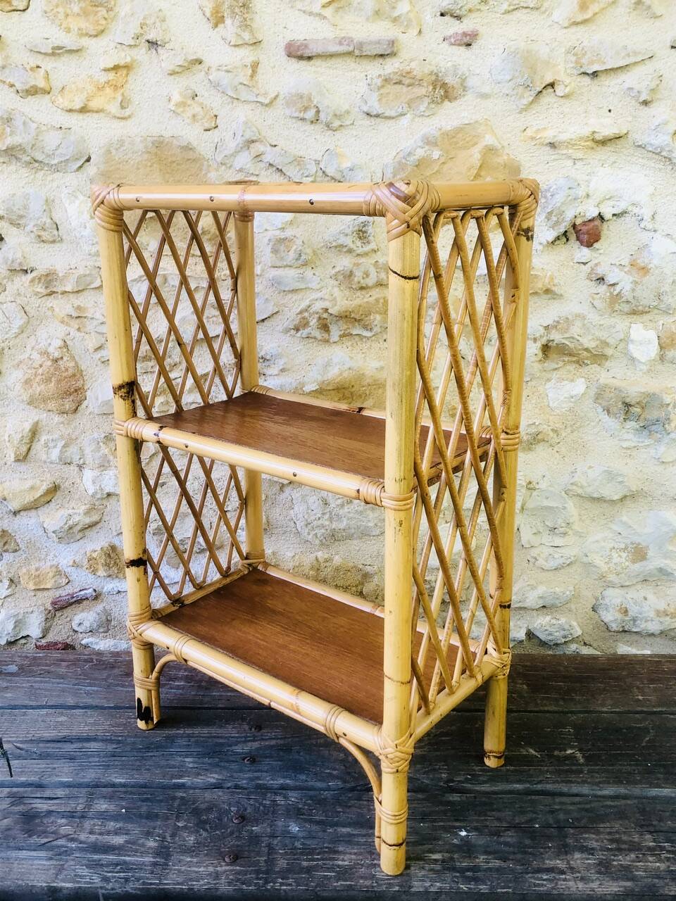 Wall shelf blond wood, bamboo, vintage rattan