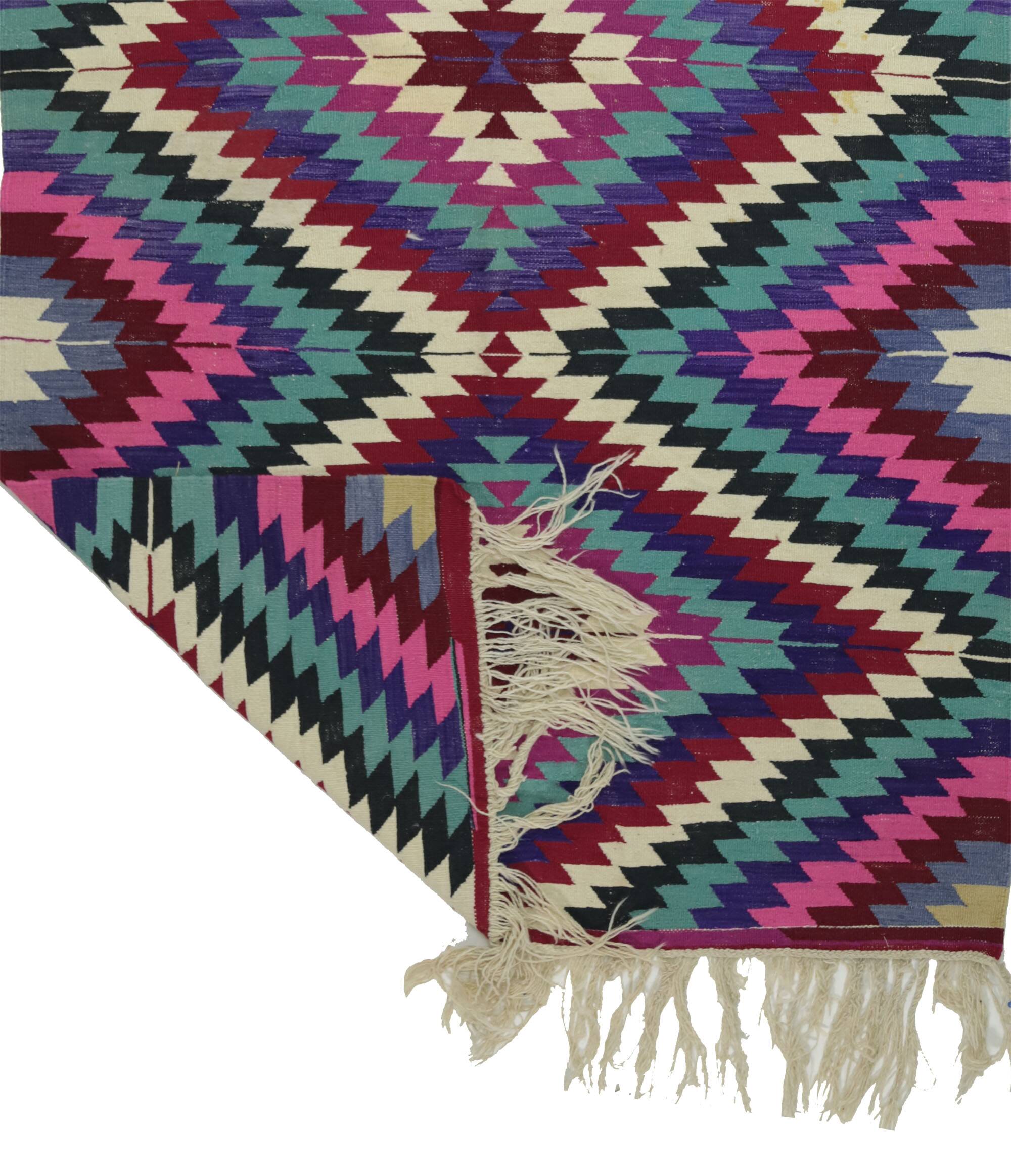 Turkish Kilim Yuruk Vintage 136x245 cm Geometric Pink Green Purple