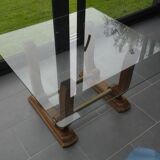 Table basse Art déco en verre, bois et laiton