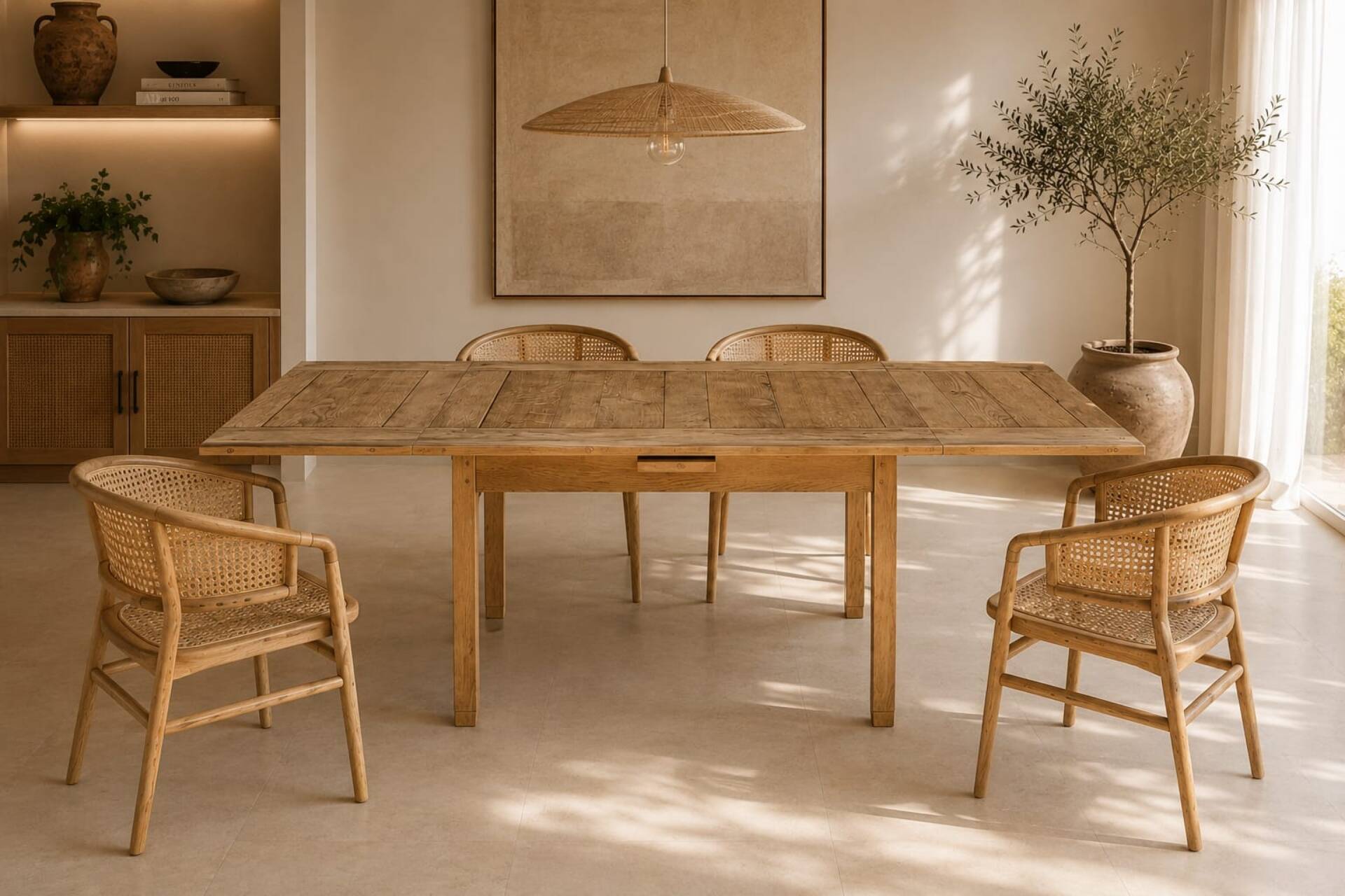 Extendable farmhouse table in solid oak, renovated.