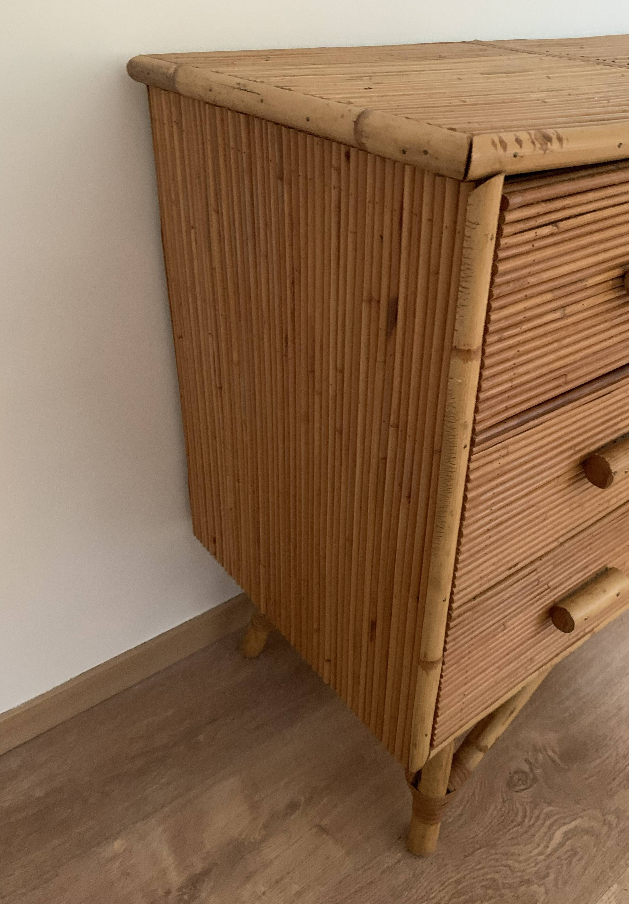3-drawer rattan/bamboo chest of drawers attributed to Adrien Audoux and Frida Minnet. Circa 1950
