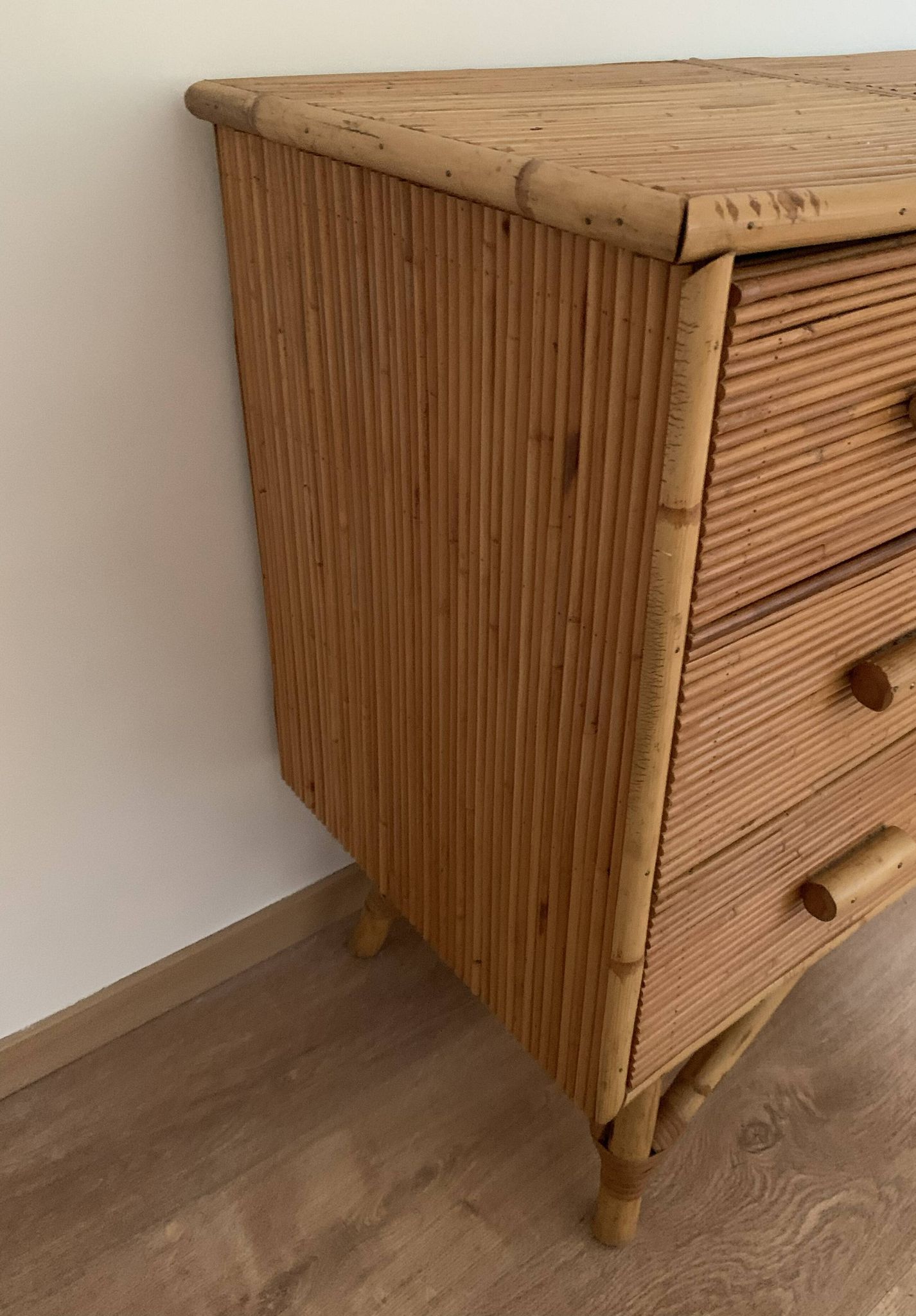 3-drawer rattan/bamboo chest of drawers attributed to Adrien Audoux and Frida Minnet. Circa 1950