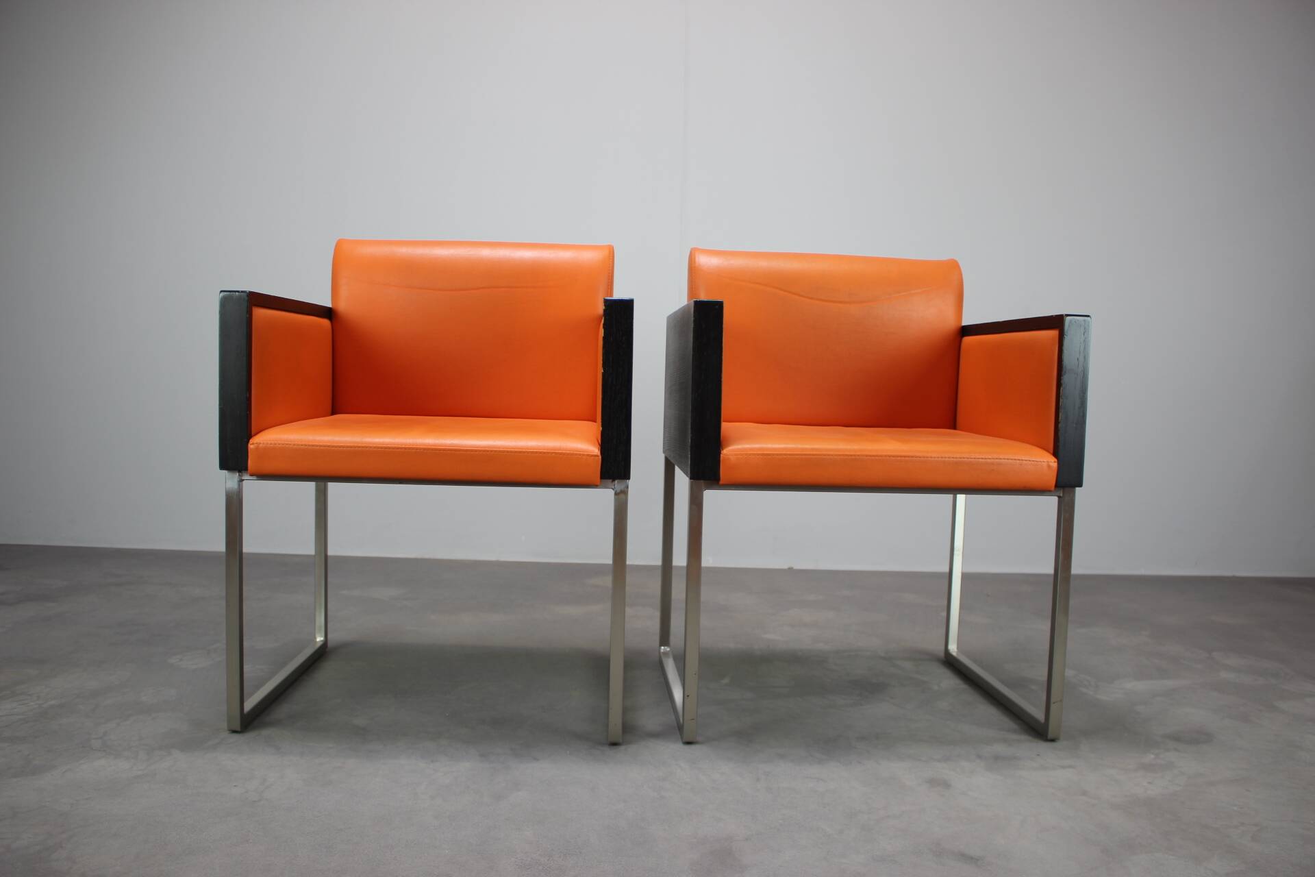 Pair of BOX 740 armchairs by Pedrali, Italy, Wenge Wood and Orange Fabric.