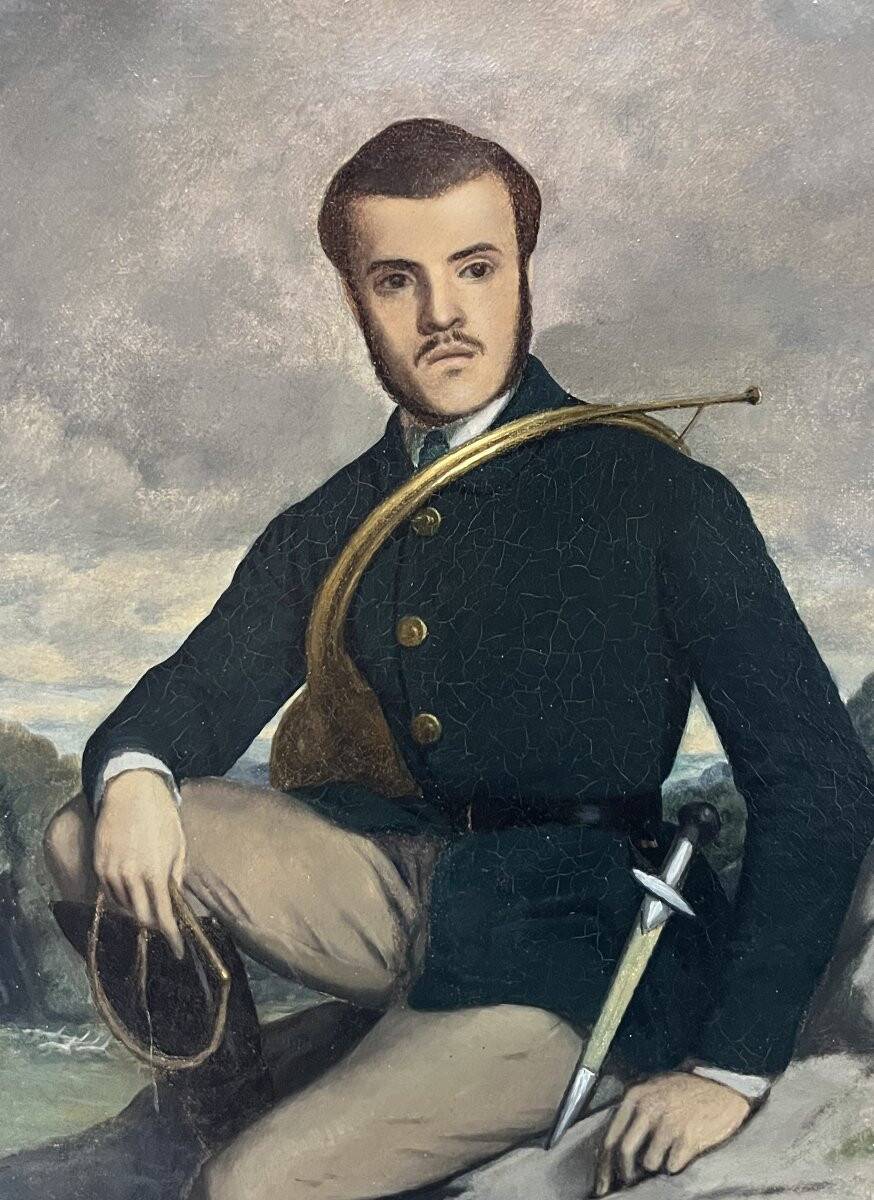 French school early 20th century, Portrait of a hunter, oil on canvas signed