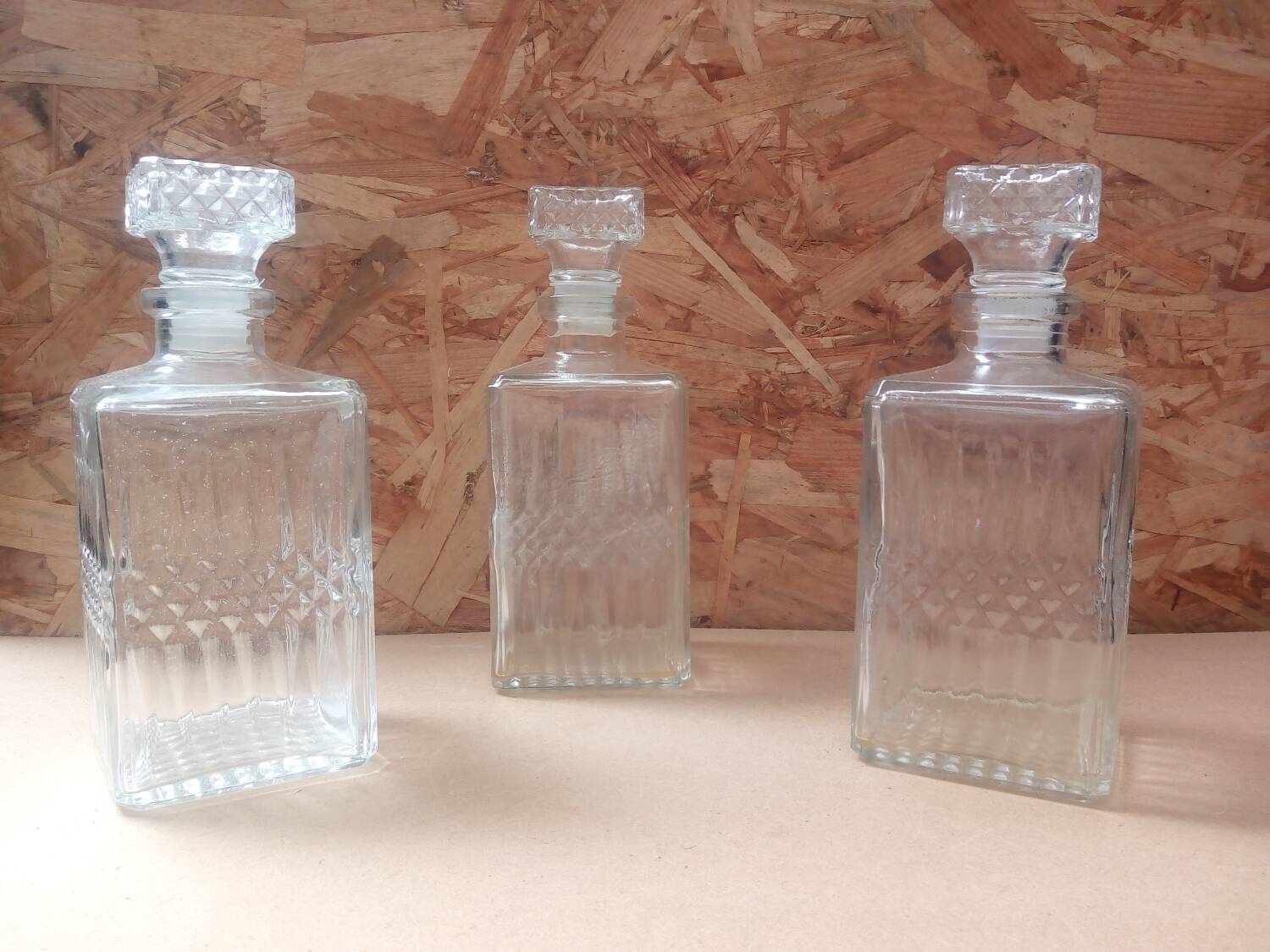 Set of 3 molded glass whiskey liqueur carafes + vintage stoppers