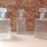 Set of 3 molded glass whiskey liqueur carafes + vintage stoppers