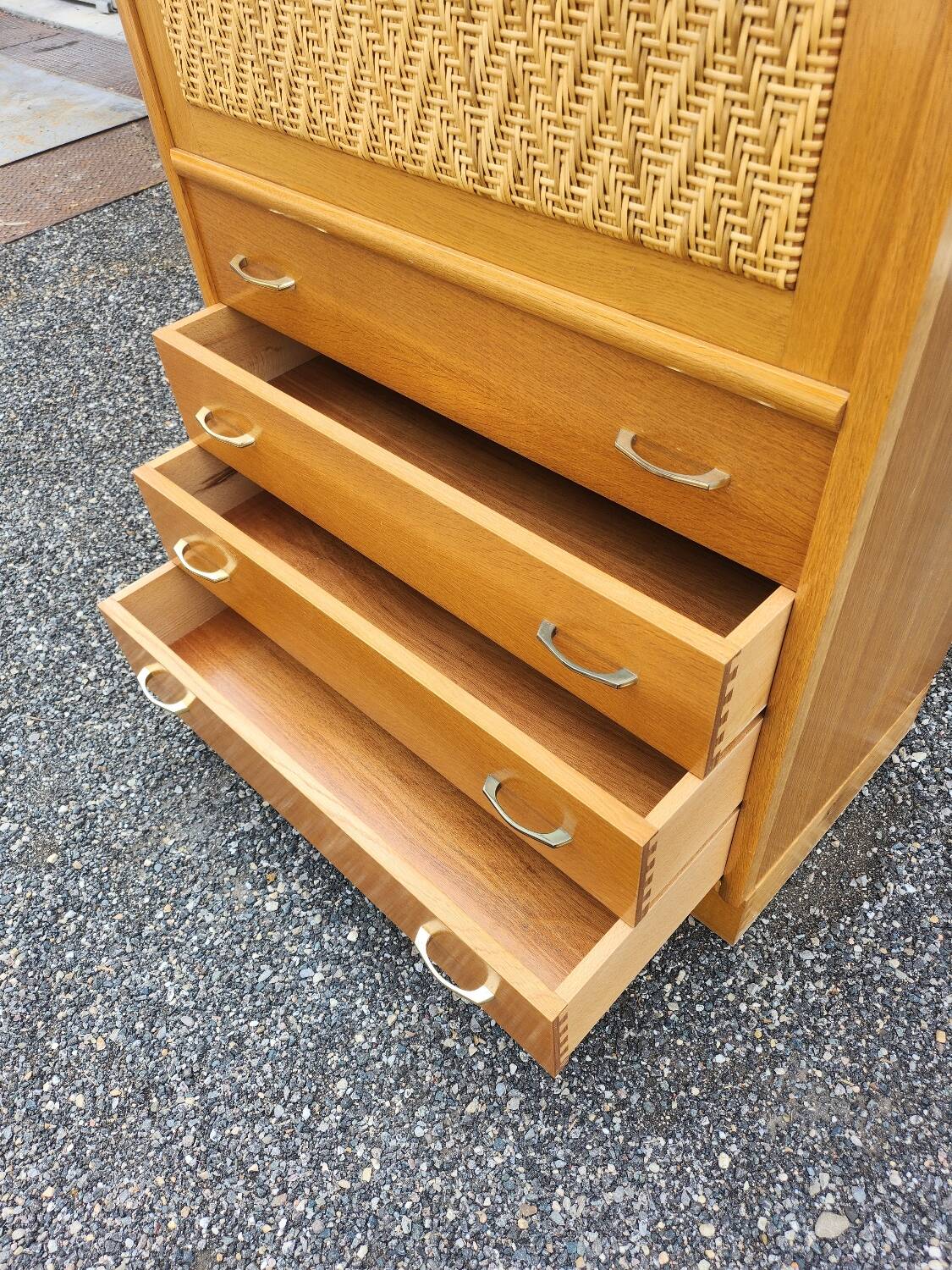 Old vintage rattan oak secretary desk bookcase