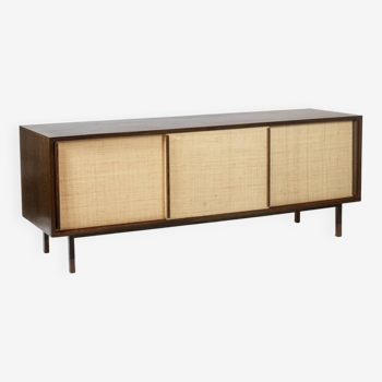 Sideboard in wenge, raffia and lacquered metal. 1970s.