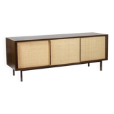 Sideboard in wenge, raffia and lacquered metal. 1970s.
