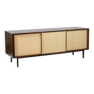 Sideboard in wenge, raffia and lacquered metal. 1970s.