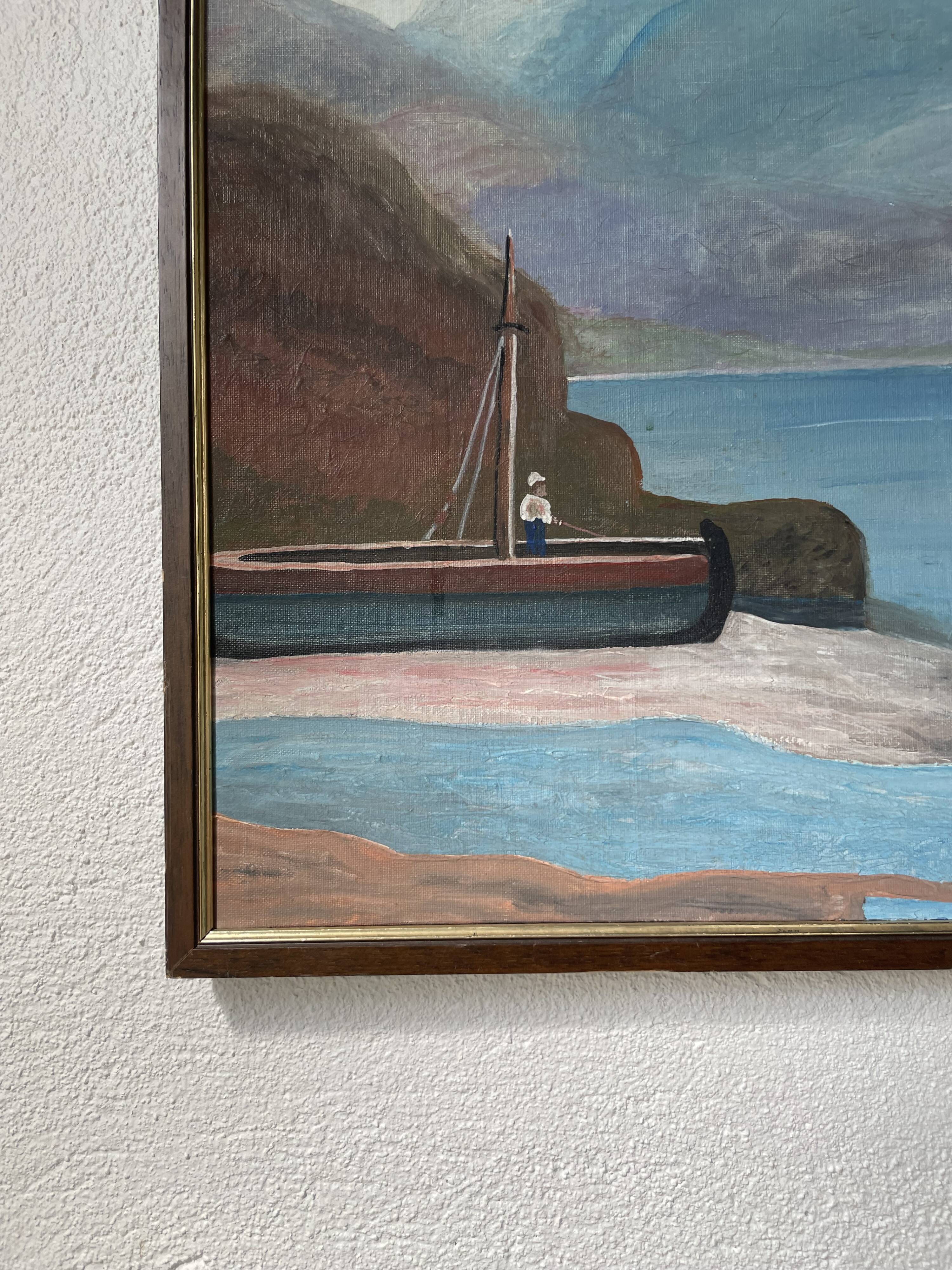 Oil painting on wood boats and lake 1977