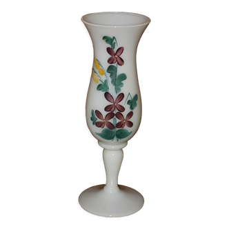 Opaline glass soliflore vase decorated with purple flowers and lilies of the valley