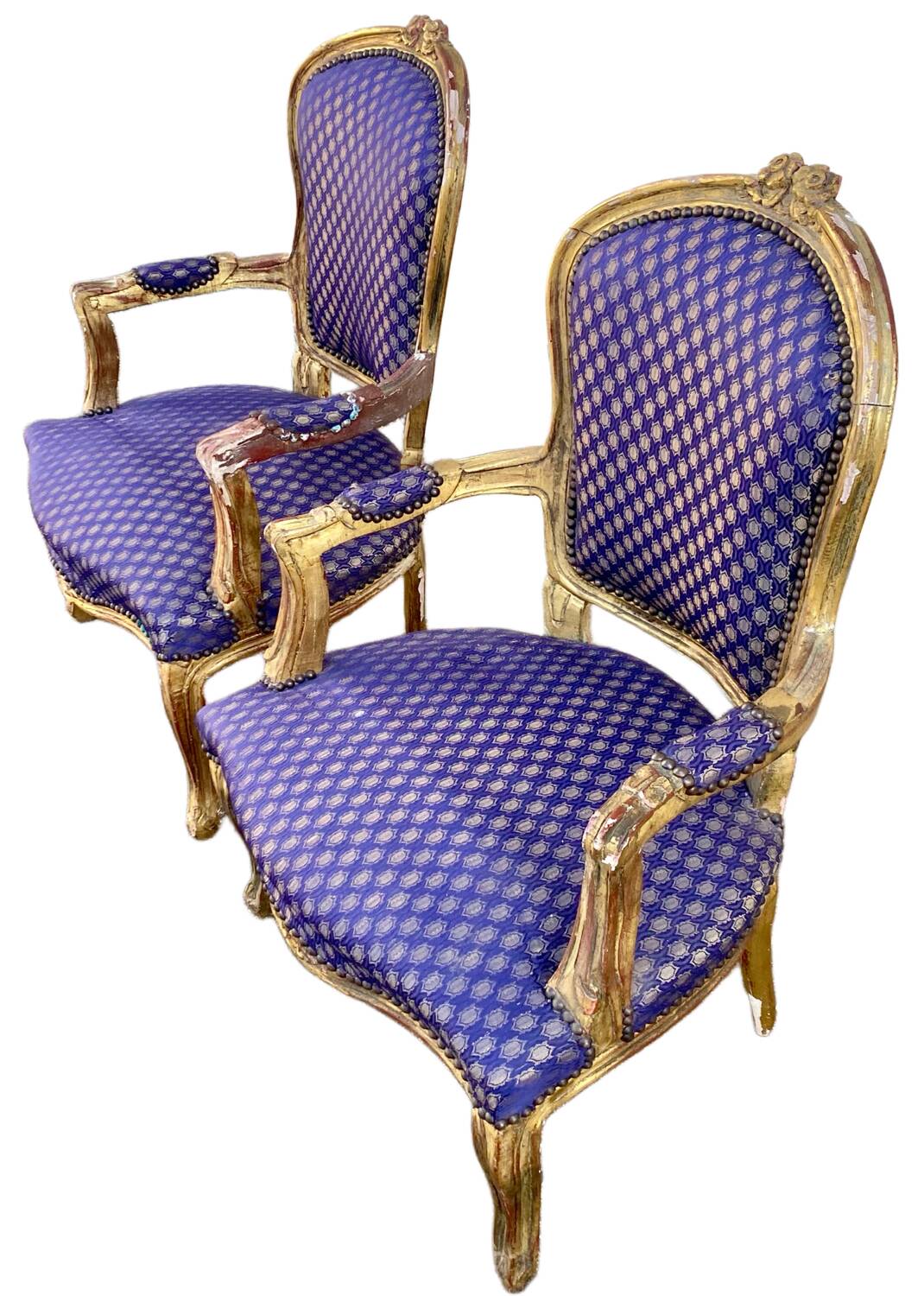 Pair of baroque armchairs in Louis XV style with blue satin fabric.