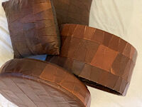 Leather patchwork foot stool and 2 pillows