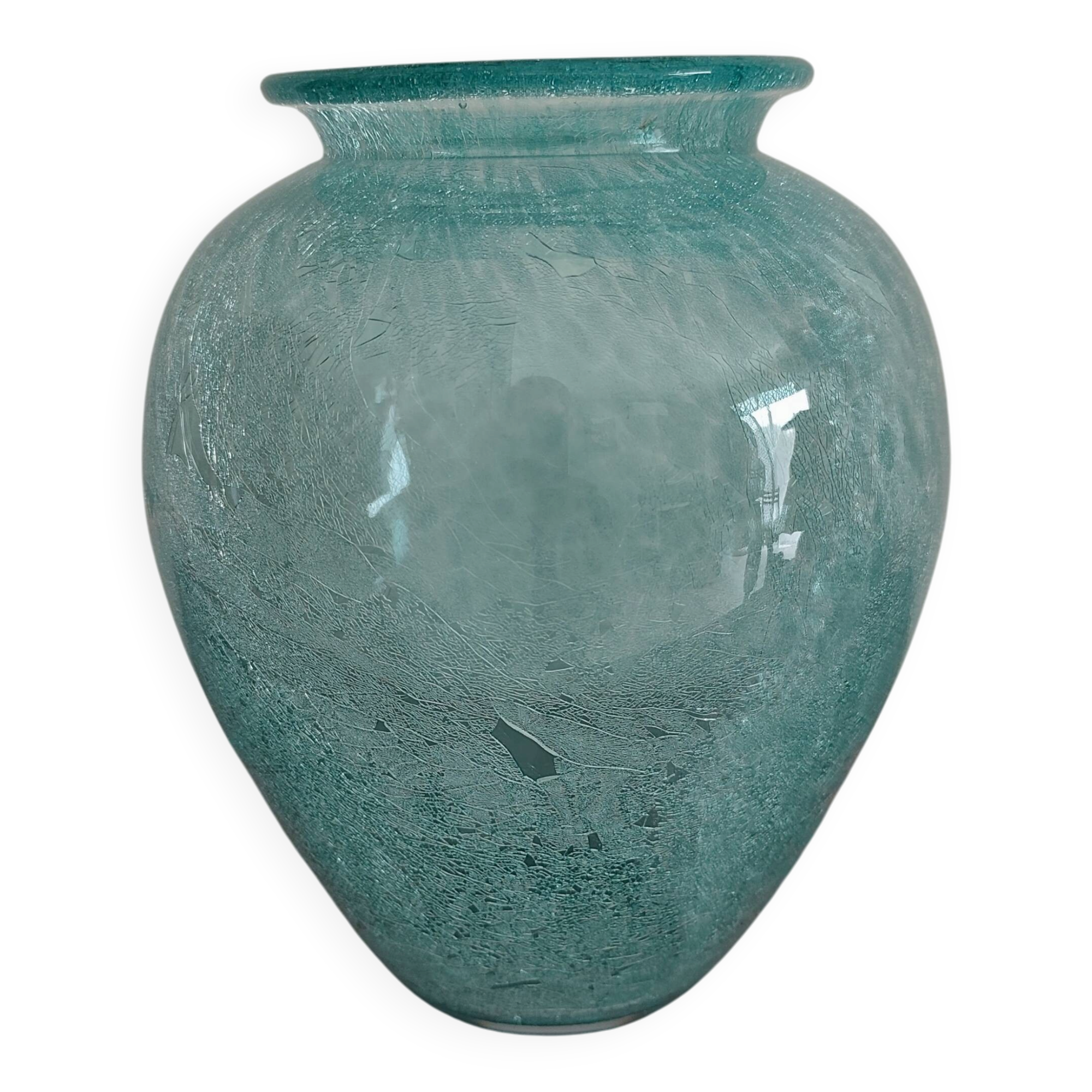 vase Karcagi Fátyolüveg cracked glass turquoise / blue-green water Hungary