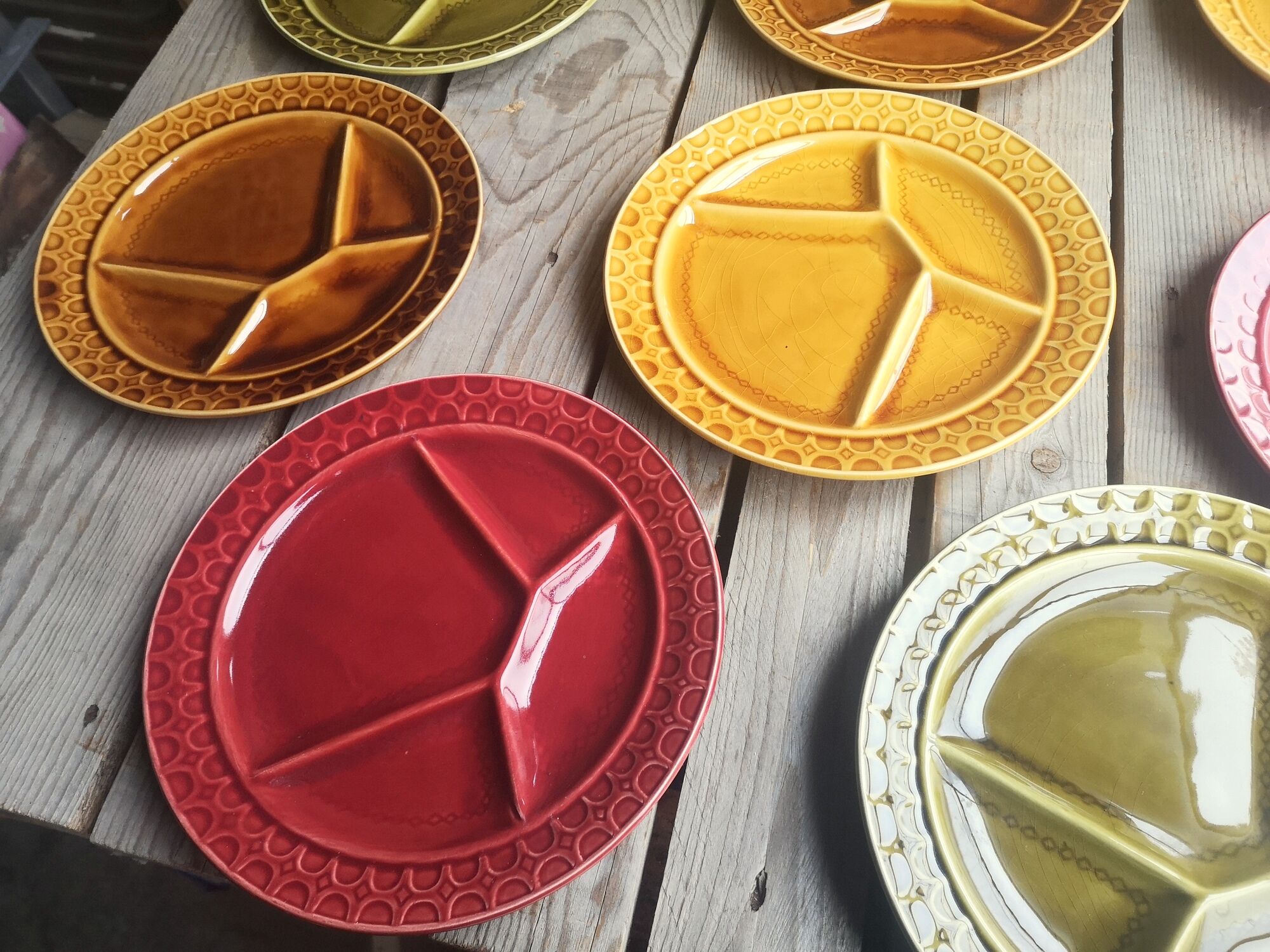 8 old ceramic fondue plates coloured Sarreguemines