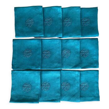 12 antique damask emeralds towels monogrammed "PH" - linen thread - 54x52 cm