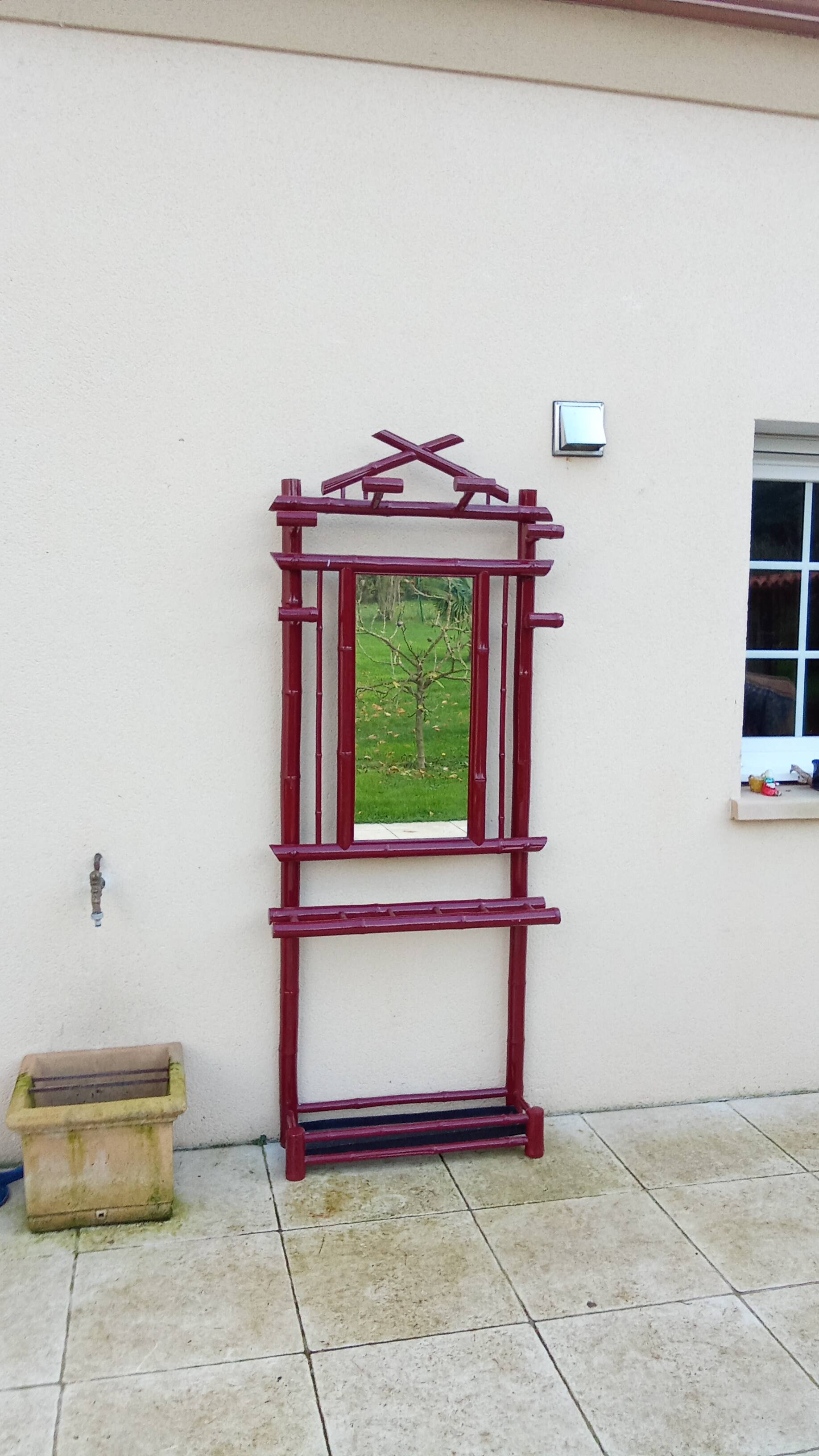 Old vintage red lacquered bamboo Asian coat rack