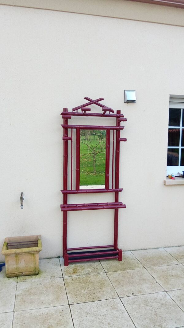 Ancien vestiaire porte manteau asiatique bambou laqué rouge vintage