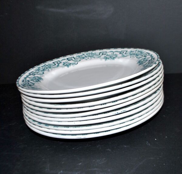 Lot de 11 assiettes plates athènes anciennes en faïence 1900, Moulin des Loups & Hamage