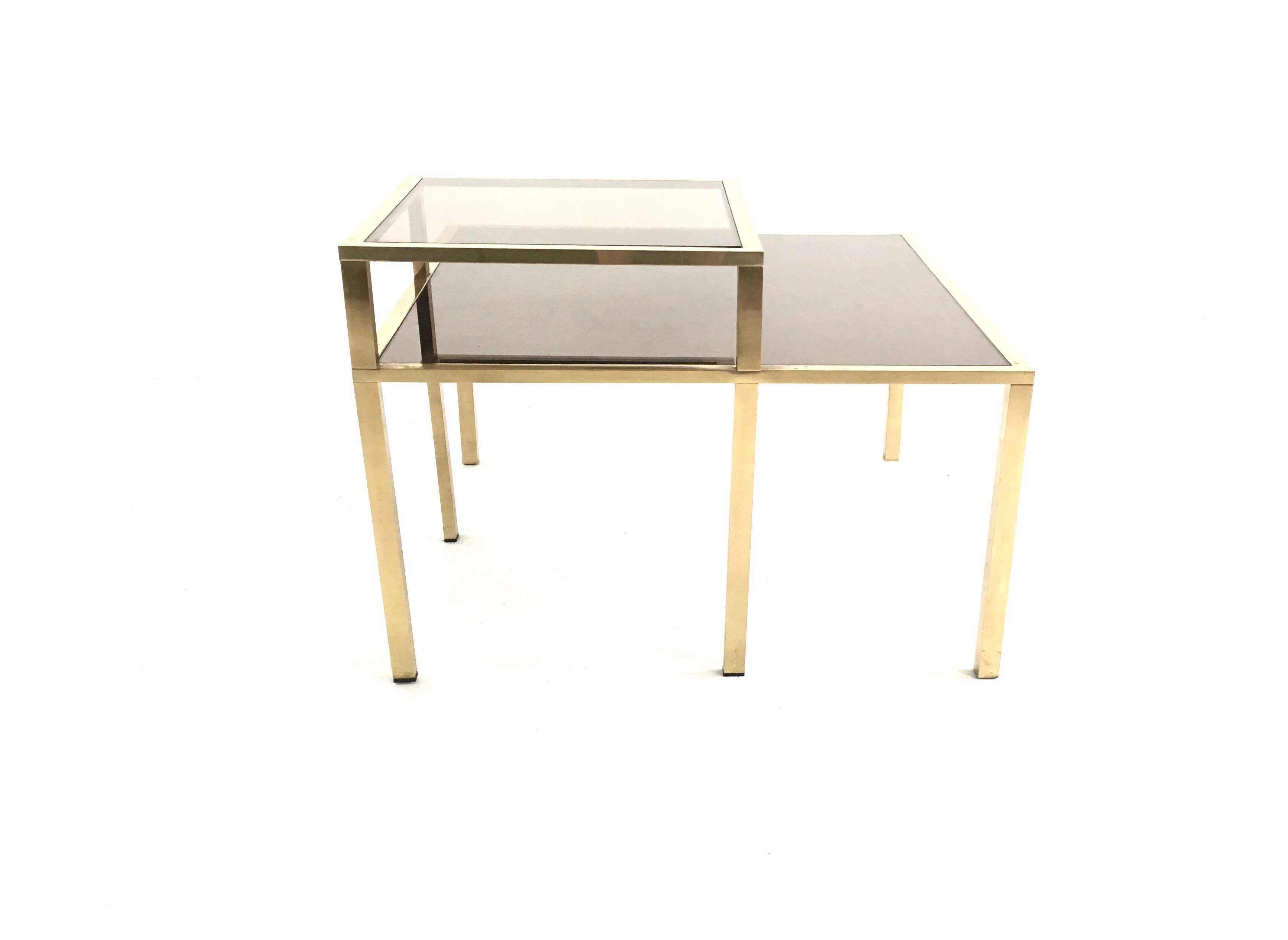 Square Brass Coffee Table with Glass Shelf and Mirrored Top, Italy