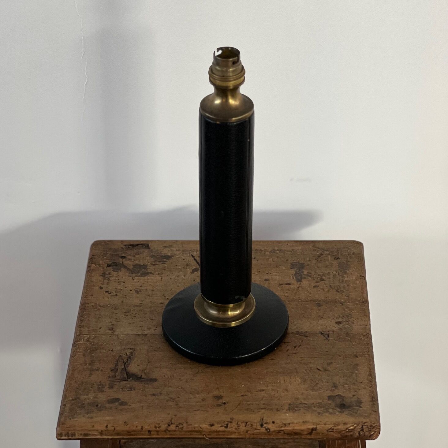 French mid-century black leather and brass table lamp