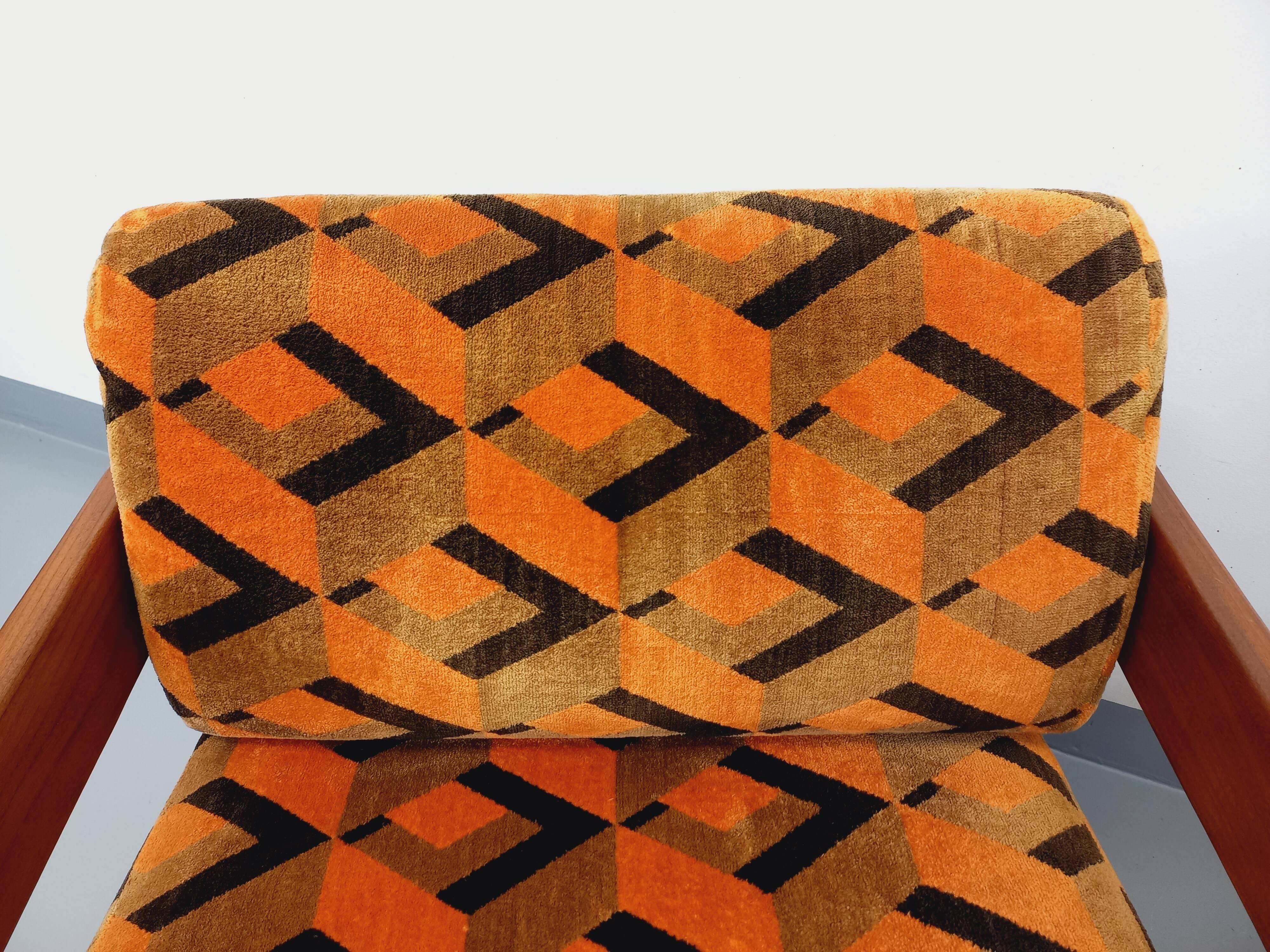 Pair of vintage walnut and velvet fabric sleigh armchairs from the 70s