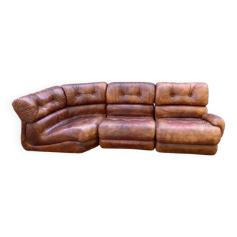 Canapé modulaire en cuir marron de cognac Italie 1970