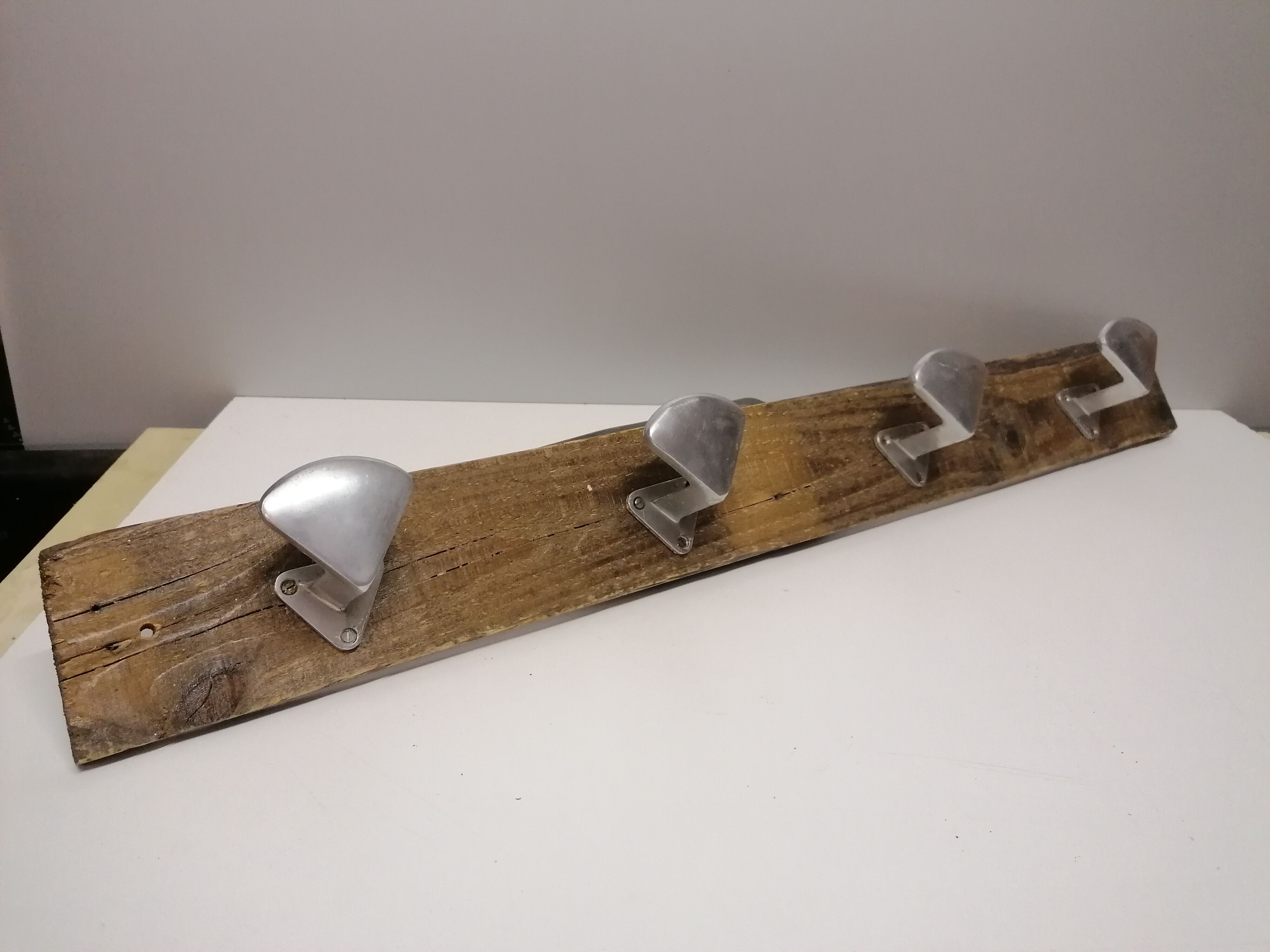 Former farm coat rack - 4 metal patères - wood support - 50s