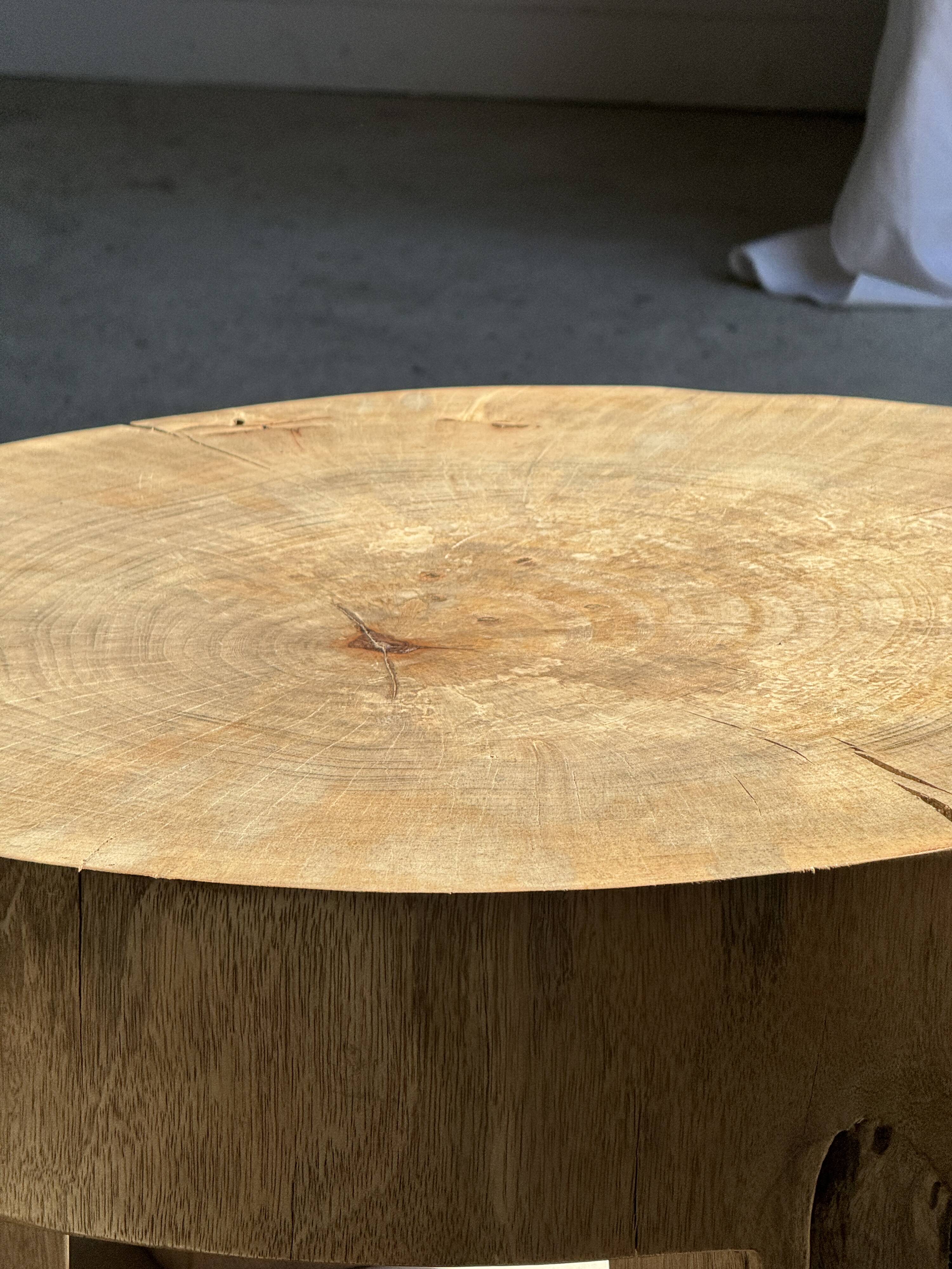 Coffee table, four-legged low table in natural solid monoxyle mango wood.