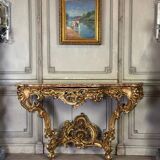 Importante Console Louis XV En Bois Sculpté Et Doré, Marbre Brèche D’alep,